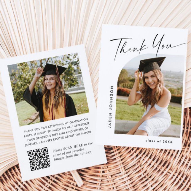 Elegant Minimalist Graduation 2 Photo QR code Thank You Card (Creator Uploaded)