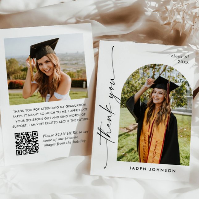 Elegant Minimalist Graduation 2 Photo QR code Thank You Card (Creator Uploaded)