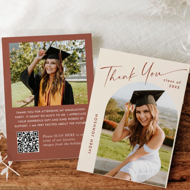 Elegant Minimalist Graduation 2 Photo QR code Thank You Card (Creator Uploaded)