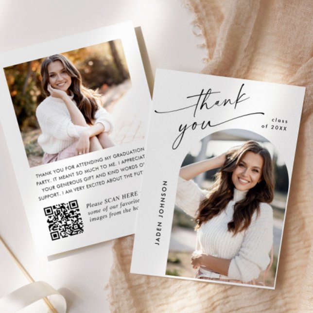 Elegant Minimalist Graduation 2 Photo QR code Thank You Card (Creator Uploaded)