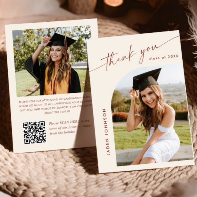 Elegant Minimalist Graduation 2 Photo QR code Thank You Card (Creator Uploaded)