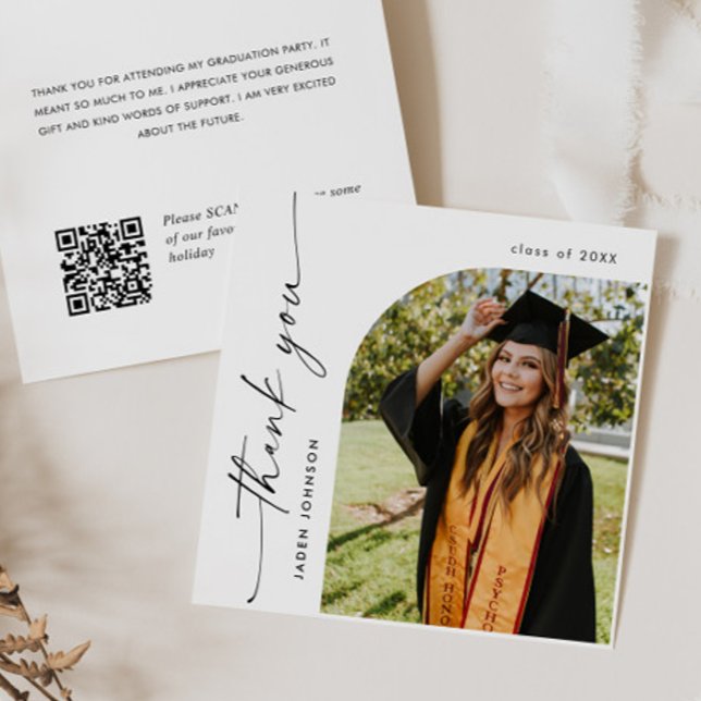 Elegant Minimalist Graduation One Photo QR code Thank You Card (Creator Uploaded)