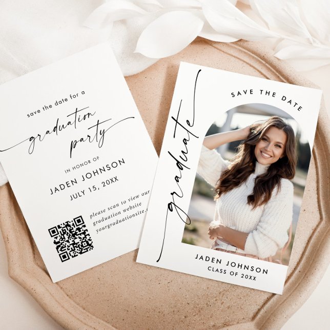 Elegant Minimalist Graduation Party Photo QR code Save The Date (Creator Uploaded)