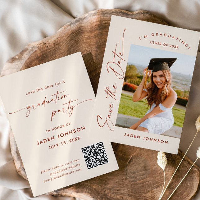 Elegant Minimalist Graduation Party Photo QR code Save The Date (Creator Uploaded)