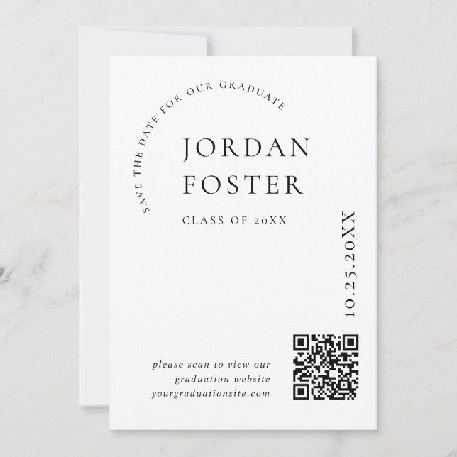 Elegant Minimalist Graduation Photo QR code Save The Date (Front)