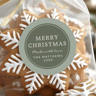 Elegant Minimalist Green Christmas Made With Love Classic Round Sticker