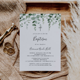 Elegant Minimalist Green Eucalyptus Baptism  Invitation