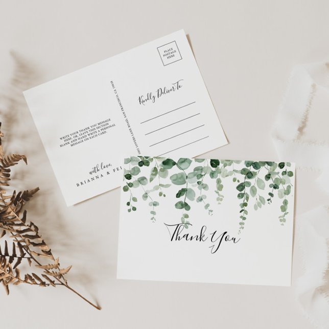 Elegant Minimalist Green Eucalyptus Thank You  Postcard (Creator Uploaded)