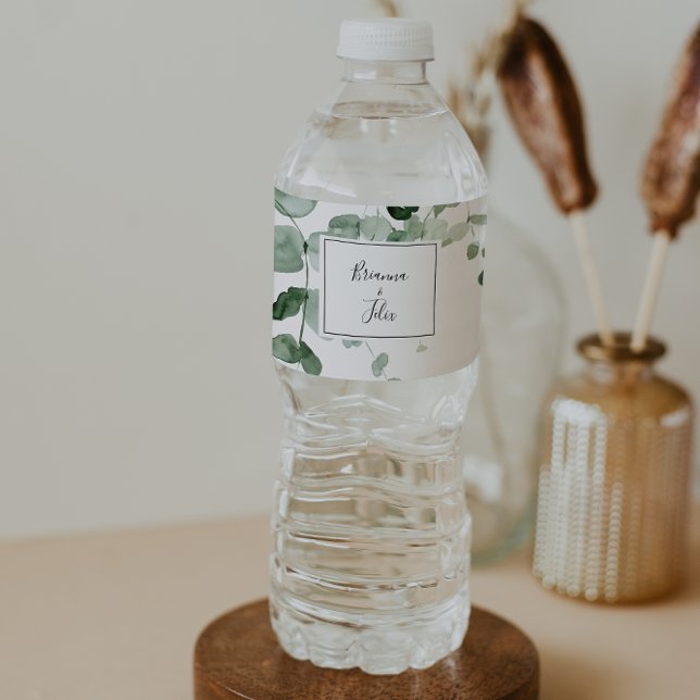 Elegant Minimalist Green Eucalyptus Wedding  Water Bottle Label (Creator Uploaded)