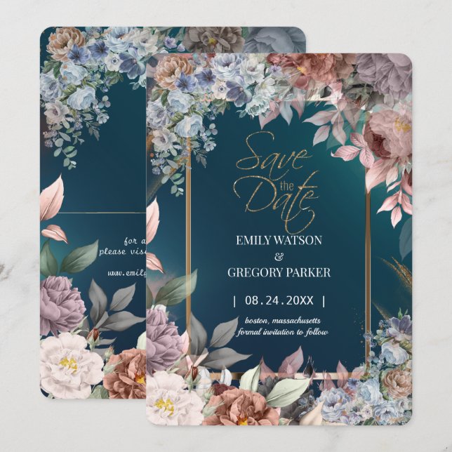 Elegant Minimalist Green Floral Gold Save the Date (Front/Back)