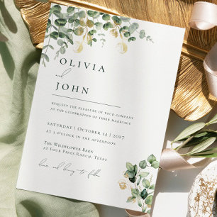 Elegant Minimalist Green Gold Eucalyptus Botanical Invitation
