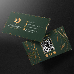 Elegant Minimalist Green Gold HairStylist QR Code Business Card