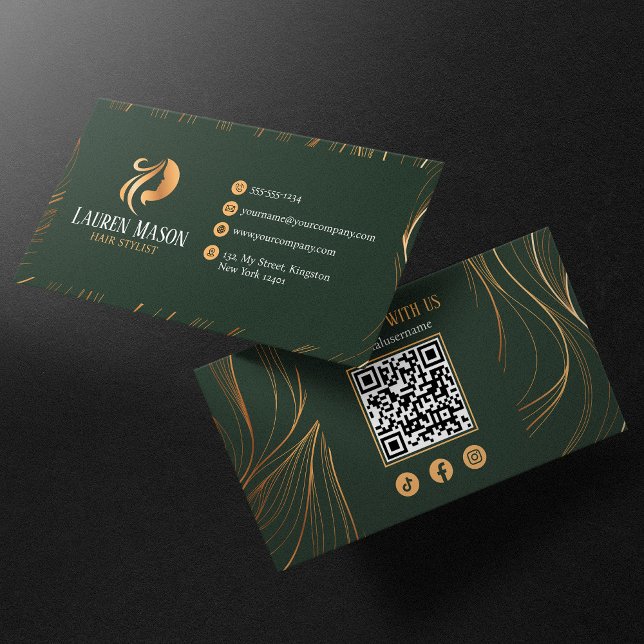 Elegant Minimalist Green Gold HairStylist QR Code Business Card (Creator Uploaded)