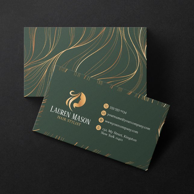 Elegant Minimalist Green Gold HairStylist Salon Business Card (Creator Uploaded)