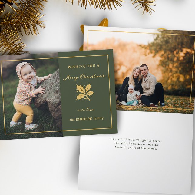 Elegant Minimalist Green/Gold Photo Holiday Card (Creator Uploaded)