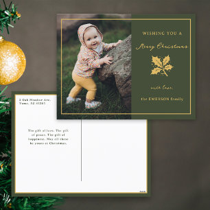 Elegant Minimalist Green/Gold Photo Holiday Postcard