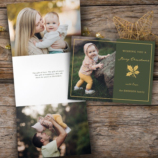 Elegant Minimalist Green/Gold Photo Tri-Fold Holiday Card (Creator Uploaded)