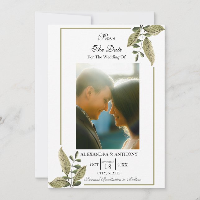 Elegant Minimalist Greenery Save The Date (Front)