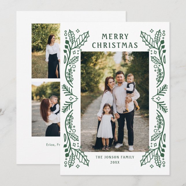 Elegant Minimalist Hand Drawn Christmas 3 Photo Holiday Card (Front/Back)