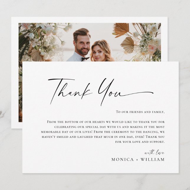 Elegant Minimalist Handwriting Wedding One Photo Thank You Card (Front/Back)