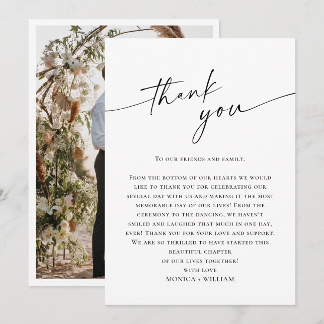 Elegant Minimalist Handwriting Wedding One Photo Thank You Card (Front/Back)