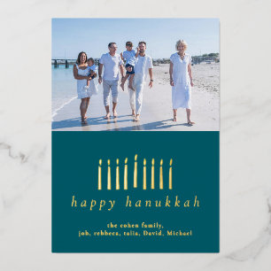 Elegant Minimalist Happy Hanukkah Family 1 Photo Foil Holiday Card