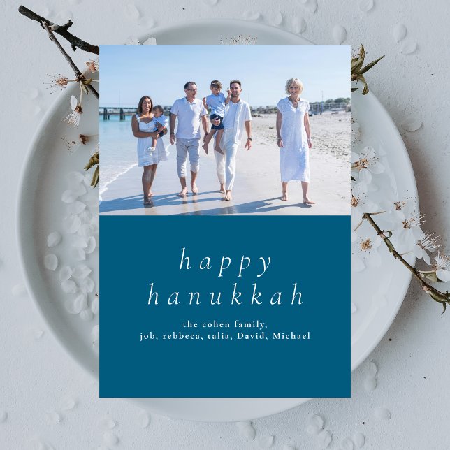 Elegant Minimalist Happy Hanukkah Family 1 Photo Holiday Card (Creator Uploaded)