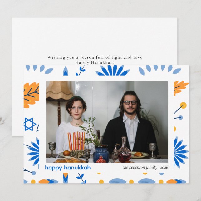 Elegant Minimalist Happy Hanukkah Family 1 Photo Holiday Card (Front/Back)