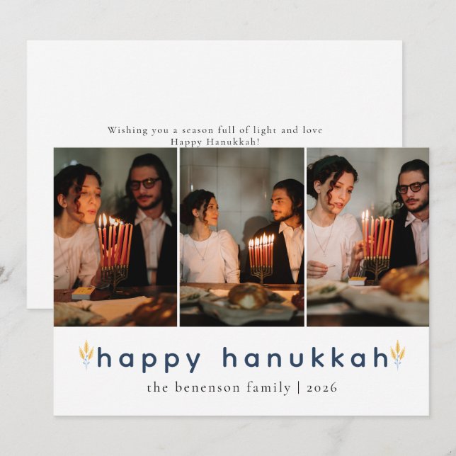 Elegant Minimalist Happy Hanukkah Family 3 Photo Holiday Card (Front/Back)