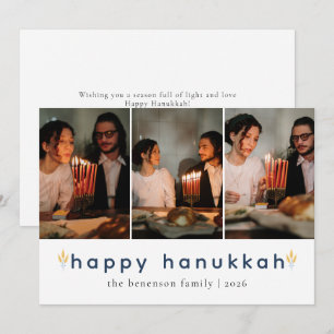 Elegant Minimalist Happy Hanukkah Family 3 Photo Holiday Card