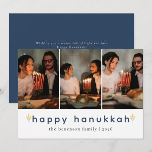 Elegant Minimalist Happy Hanukkah Family 3 Photo Holiday Card