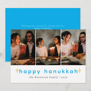 Elegant Minimalist Happy Hanukkah Family 3 Photo Holiday Card