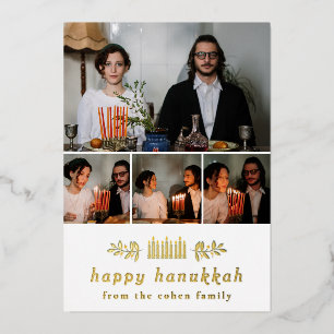 Elegant Minimalist Happy Hanukkah Family 4 Photo Foil Holiday Card