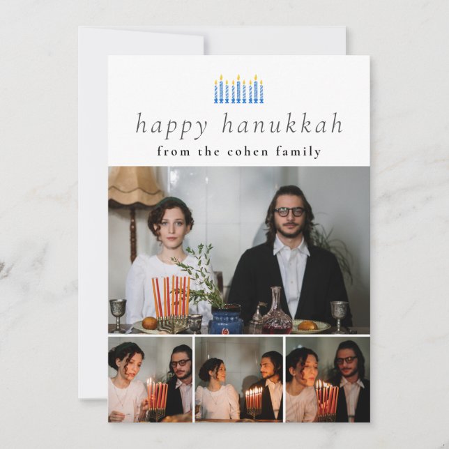 Elegant Minimalist Happy Hanukkah Family 4 Photo H Holiday Card (Front)