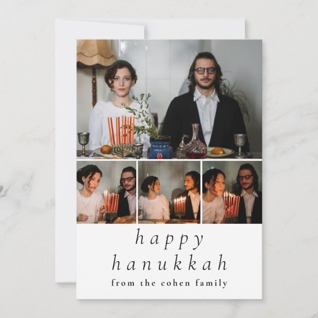 Elegant Minimalist Happy Hanukkah Family 4 Photo Holiday Card (Front)