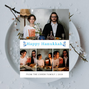 Elegant Minimalist Happy Hanukkah Family 4 Photo Holiday Card