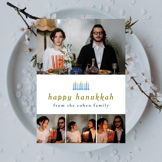 Elegant Minimalist Happy Hanukkah Family 4 Photo Holiday Card (Creator Uploaded)