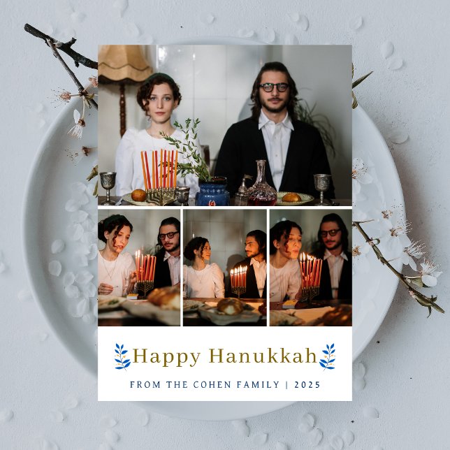 Elegant Minimalist Happy Hanukkah Family 4 Photo Holiday Card (Creator Uploaded)