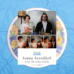 Elegant Minimalist Happy Hanukkah Family 4 Photo Holiday Card