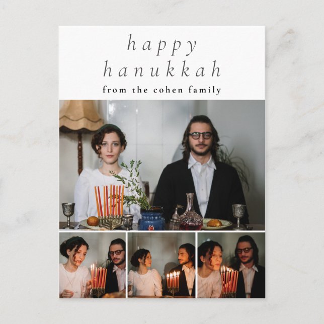 Elegant Minimalist Happy Hanukkah Family 4 Photo Holiday Postcard (Front)