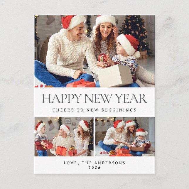 Elegant Minimalist Happy New Year Family 3 Photo Holiday Postcard (Front)