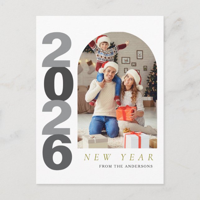 Elegant Minimalist Happy New Year Family Photo Holiday Postcard