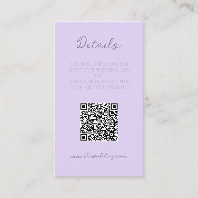 Elegant Minimalist Lavender Wedding Details Business Card (Front)