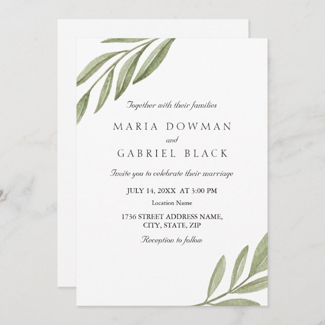 Elegant minimalist leaf  botanical wedding invitation (Front/Back)