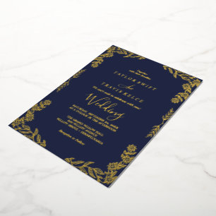 Elegant Minimalist Leaf Gold Foil Navy Blue Frame