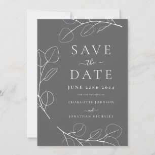 Elegant Minimalist Leaves Grey Wedding Save The Date