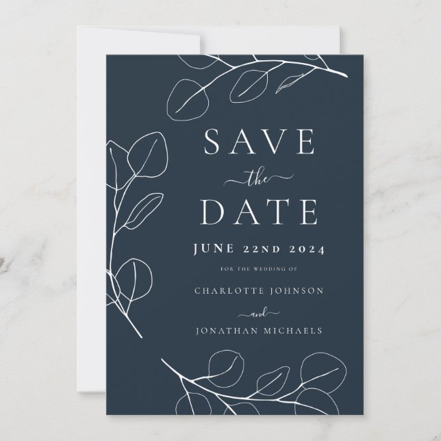 Elegant Minimalist Leaves Navy Blue Wedding Save The Date (Front)