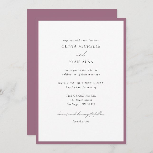 Elegant Minimalist Lilac Purple Wedding Invitation (Front/Back)