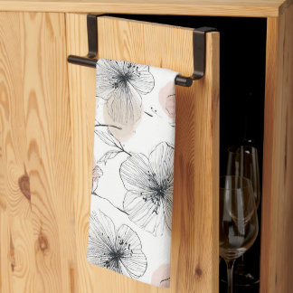 Elegant Minimalist Line Art Floral Pattern Tea Towel