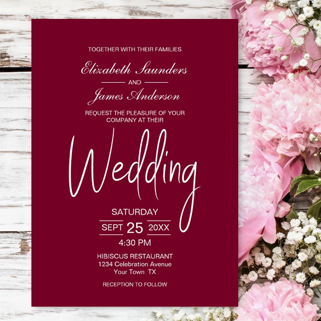 Elegant Minimalist Magenta White Wedding Invitation (Creator Uploaded)